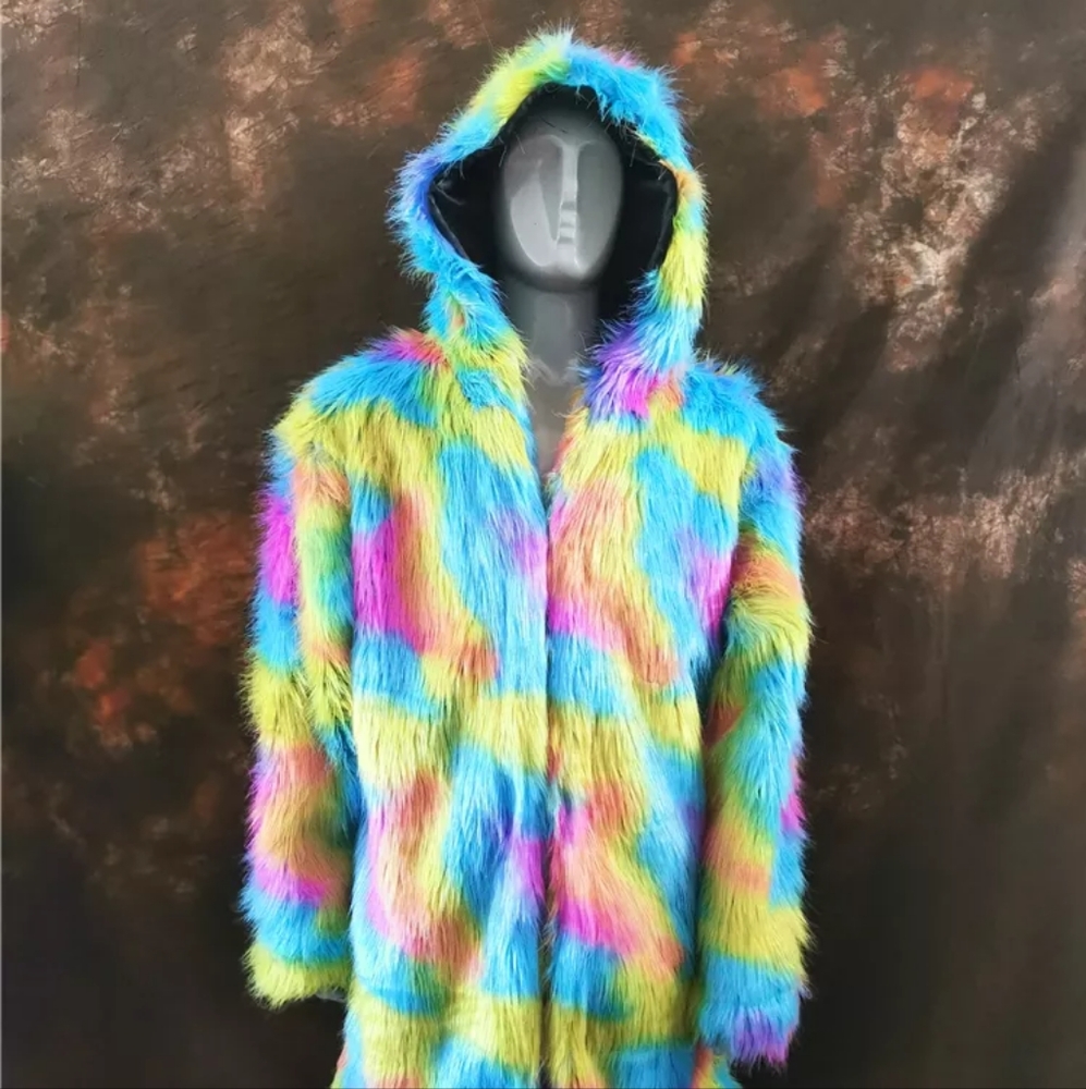 Magic Rainbow Fur Coat With Hood